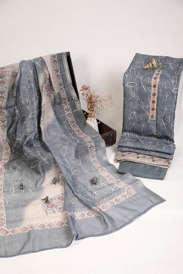 Pure Smokey Grey Hand Kantha Work Chanderi Unstitched Suit set Geetha Creation